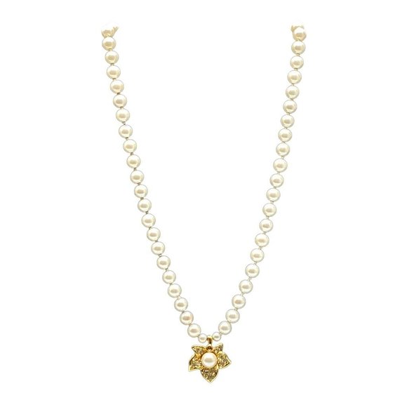 Napier Jewelry - Vintage Napier Necklace Faux Pearl Beaded Rhinestone Pave Leaf Flower Floral